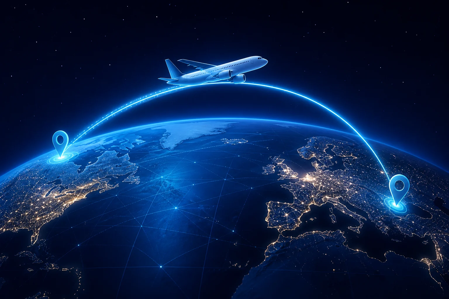 Aircraft route following a great-circle arc between cities