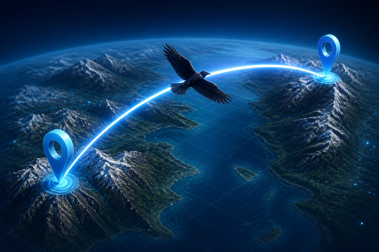 Crow flying along a direct route between two map locations