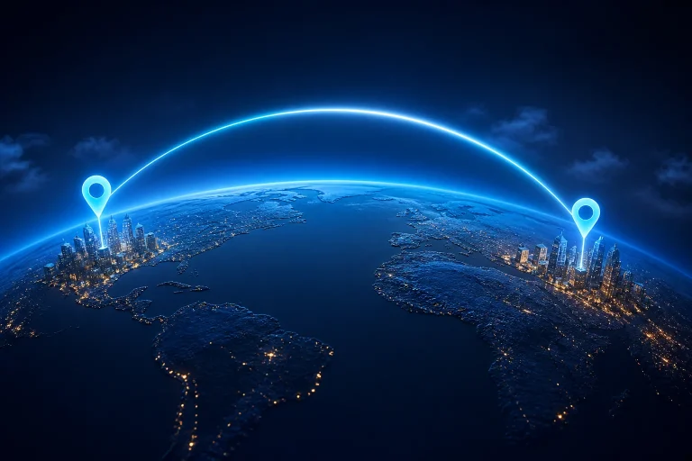 Two cities connected by a great-circle distance arc
