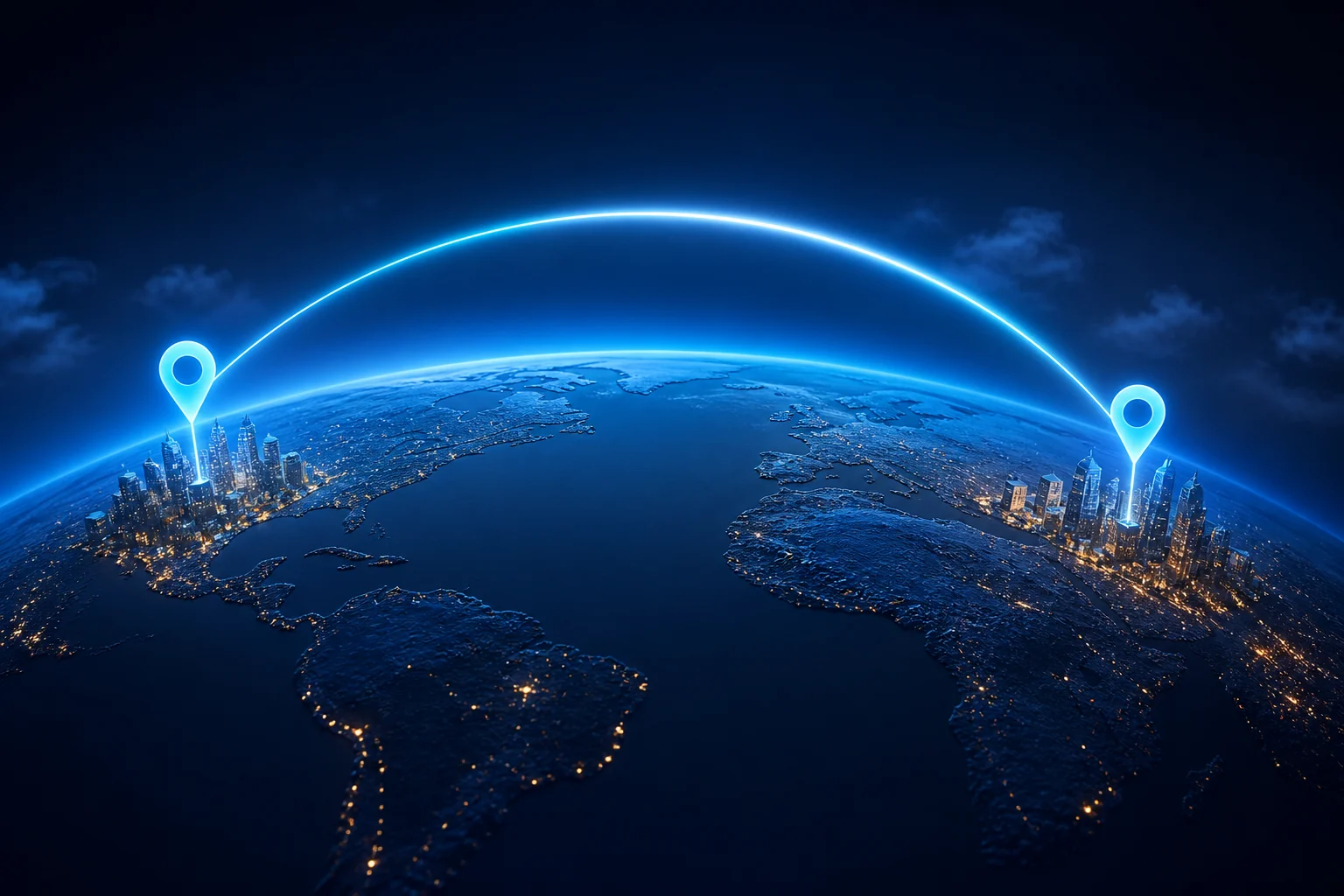 Two cities connected by a great-circle distance arc