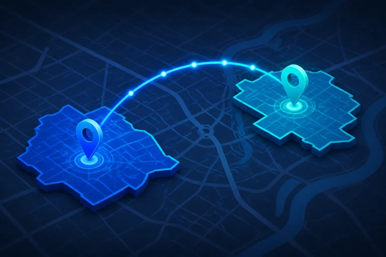 Two ZIP code areas connected across a map