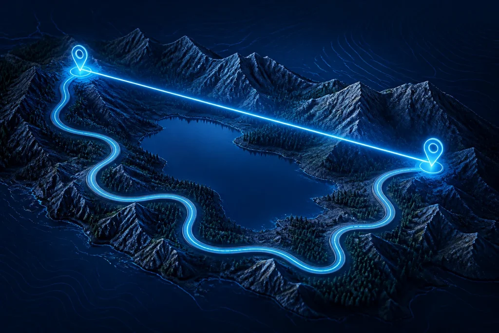 Road route compared with a direct straight-line path