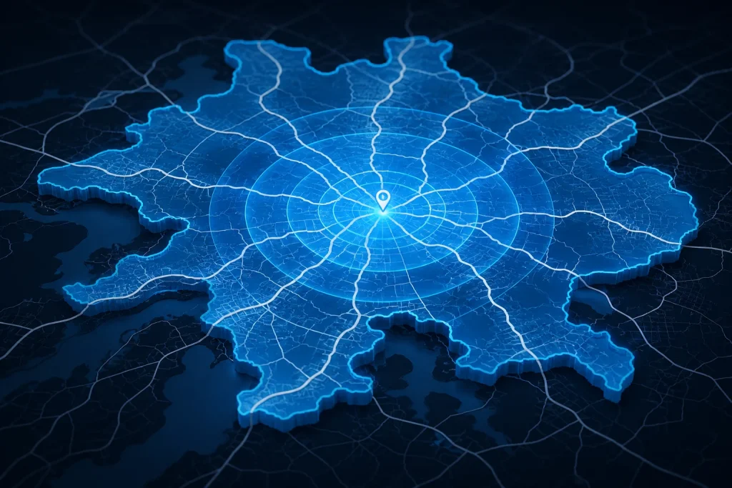 Road travel area visualized around a central location