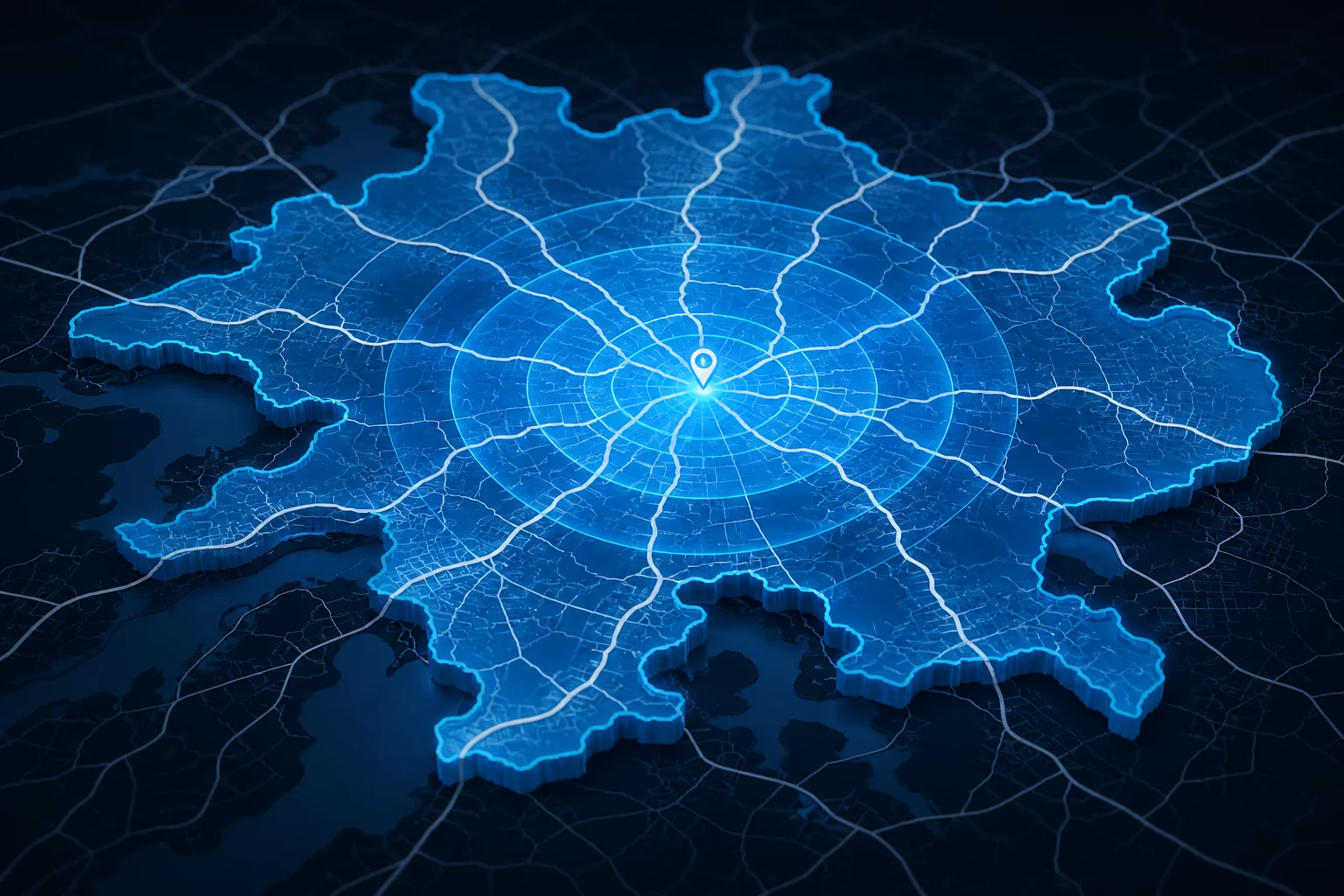 Road travel area visualized around a central location