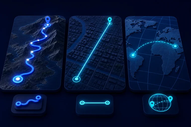 Folded map with location pins and distance line