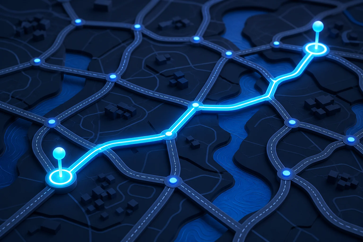Mapped road network with a highlighted driving route