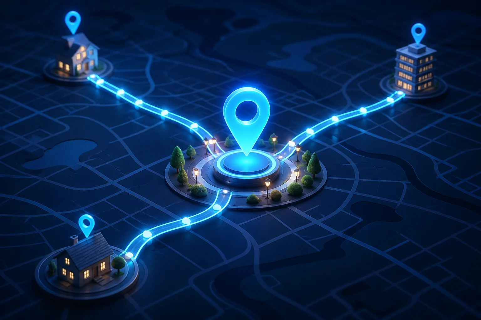 Several routes converging on a central meeting point