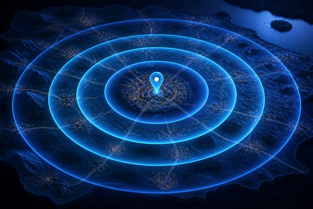 Concentric mile-radius rings centered on a map location
